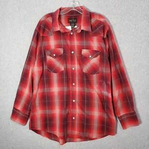 High Noon Men Button Up Shirt Large Red Plaid Pearl Snap Western READ